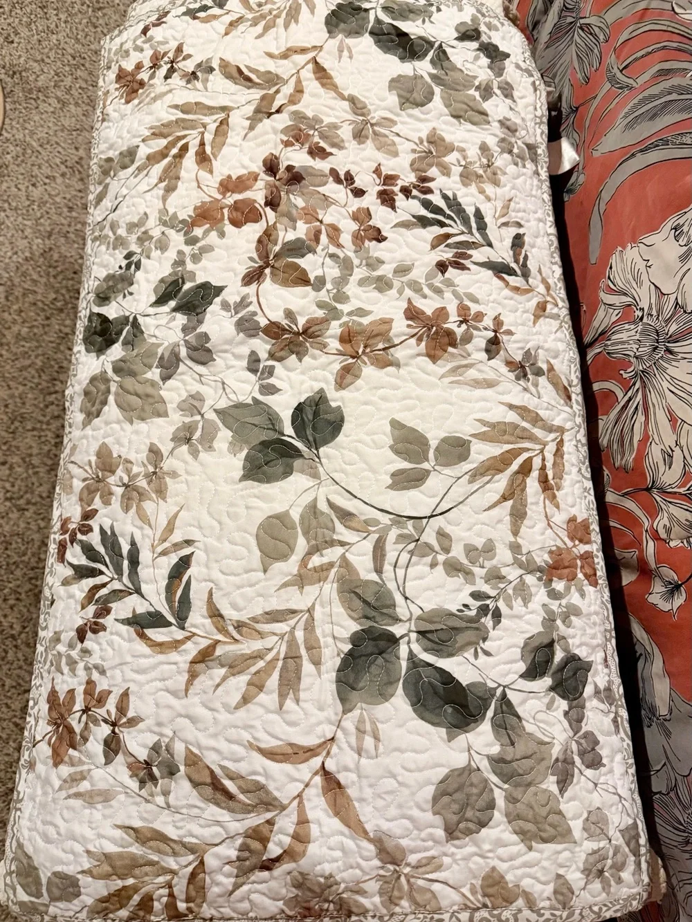 Set of Floral Leaf Quilted Pillowcases in Cream, Green & Brown - Unbranded